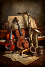 Musikinstrumente Auf Tisch Mit Notenblatt Hintergrund Vintage Ästhetik | Musik und Instrumente | Themen und Hobbys