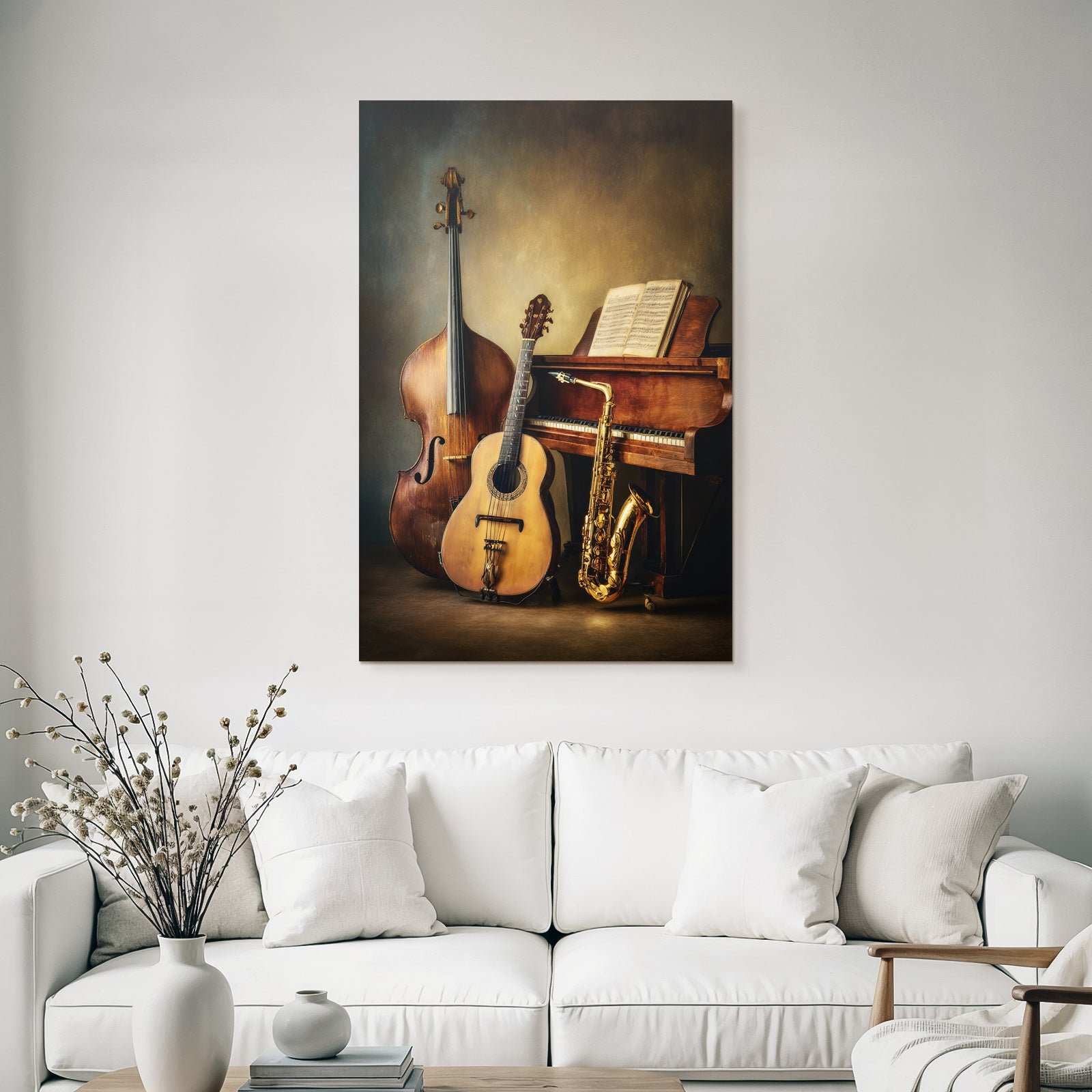 Musikinstrumente Double Bass Gitarre Saxophon Klavier Musikbuch Kreative Atmosphäre