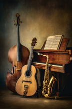 Musikinstrumente Double Bass Gitarre Saxophon Klavier Musikbuch Kreative Atmosphäre | Musik und Instrumente | Themen und Hobbys