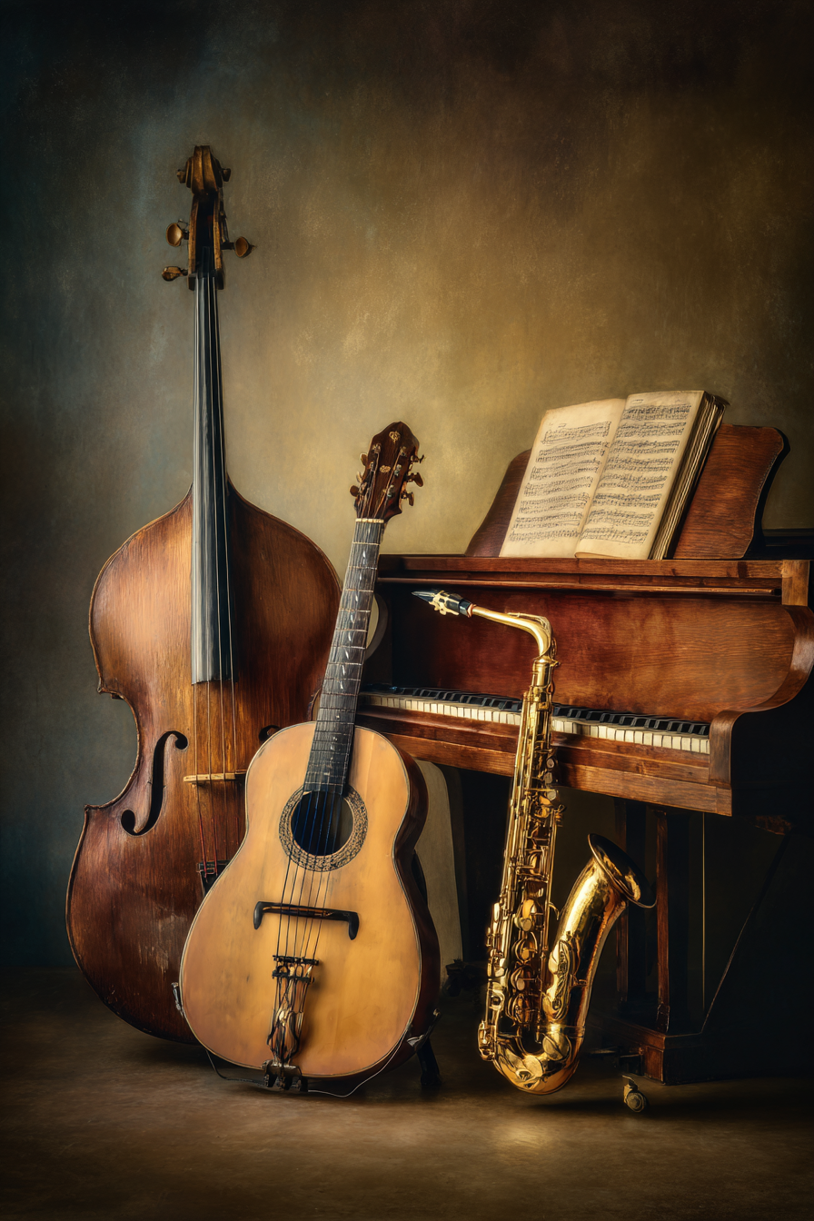 Musikinstrumente Double Bass Gitarre Saxophon Klavier Musikbuch Kreative Atmosphäre | Musik und Instrumente | Themen und Hobbys