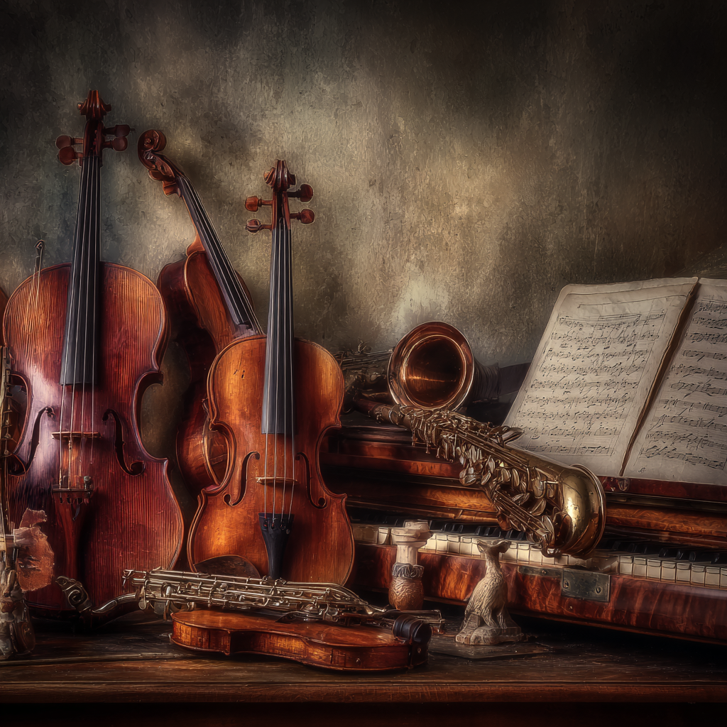 Musikalische Instrumente Arrangement Rustikal Kunstvolle Beleuchtung | Musik und Instrumente | Themen und Hobbys