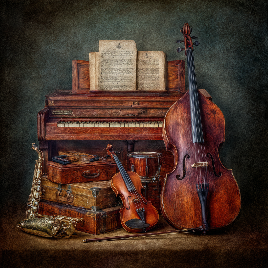 Musikalische Instrumente Arrangiert Piano Cello Klavier Saxophon Trommel | Musik und Instrumente | Themen und Hobbys