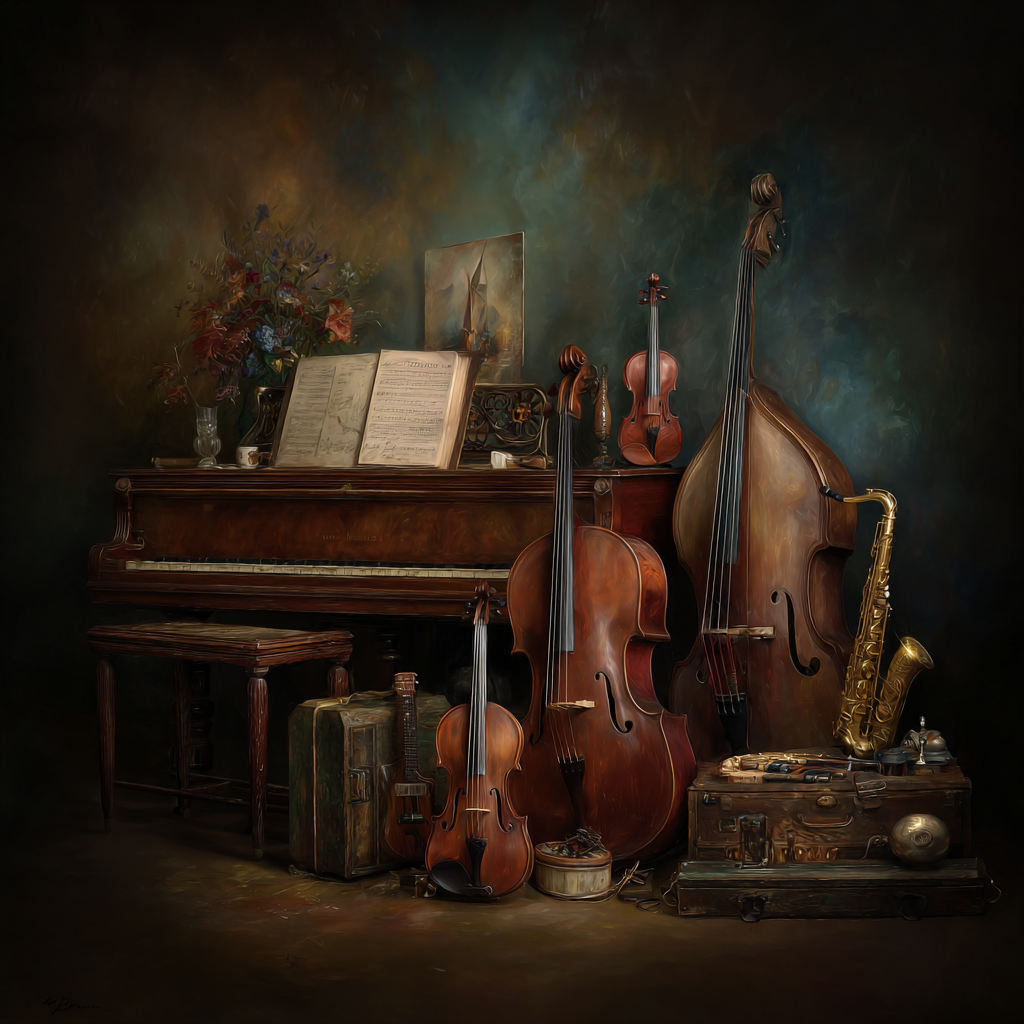Musikalisches Stillleben Mit Instrumenten Und Blumen | Musik und Instrumente | Themen und Hobbys