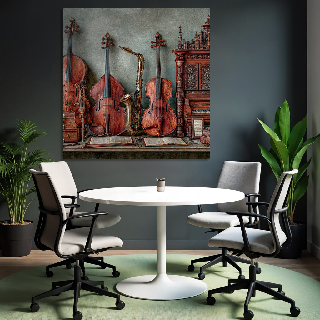 Musikinstrumente Vintage Auf Tisch Mit Noten Blatt Und Kiste