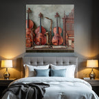 Musikinstrumente Vintage Auf Tisch Mit Noten Blatt Und Kiste