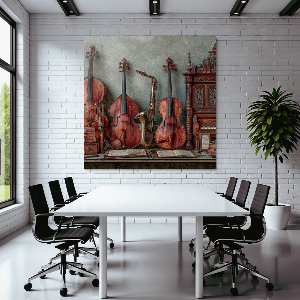 Musikinstrumente Vintage Auf Tisch Mit Noten Blatt Und Kiste