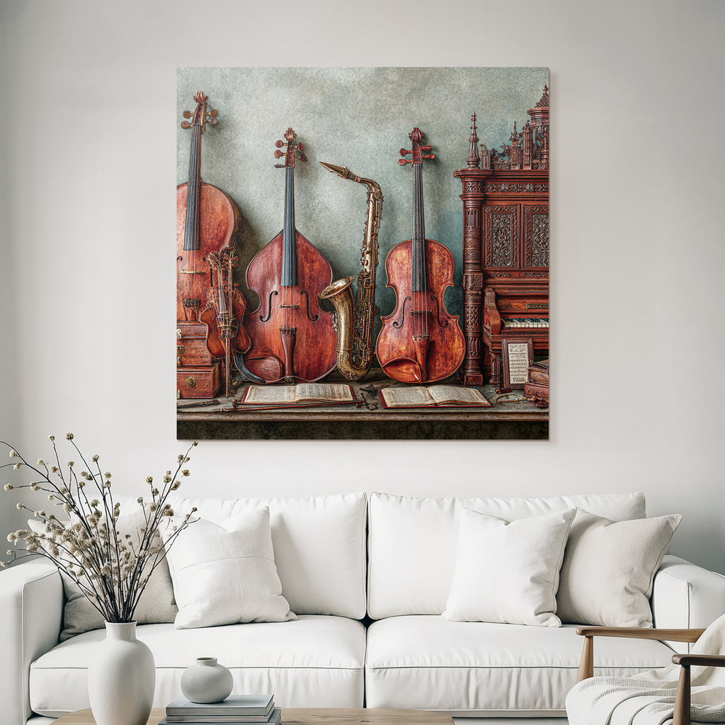 Musikinstrumente Vintage Auf Tisch Mit Noten Blatt Und Kiste