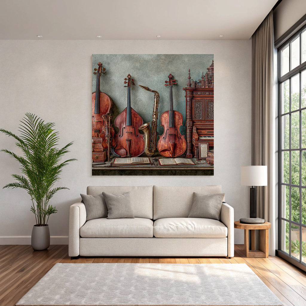 Musikinstrumente Vintage Auf Tisch Mit Noten Blatt Und Kiste