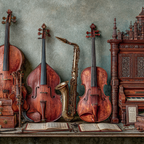 Musikinstrumente Vintage Auf Tisch Mit Noten Blatt Und Kiste | Musik und Instrumente | Themen und Hobbys