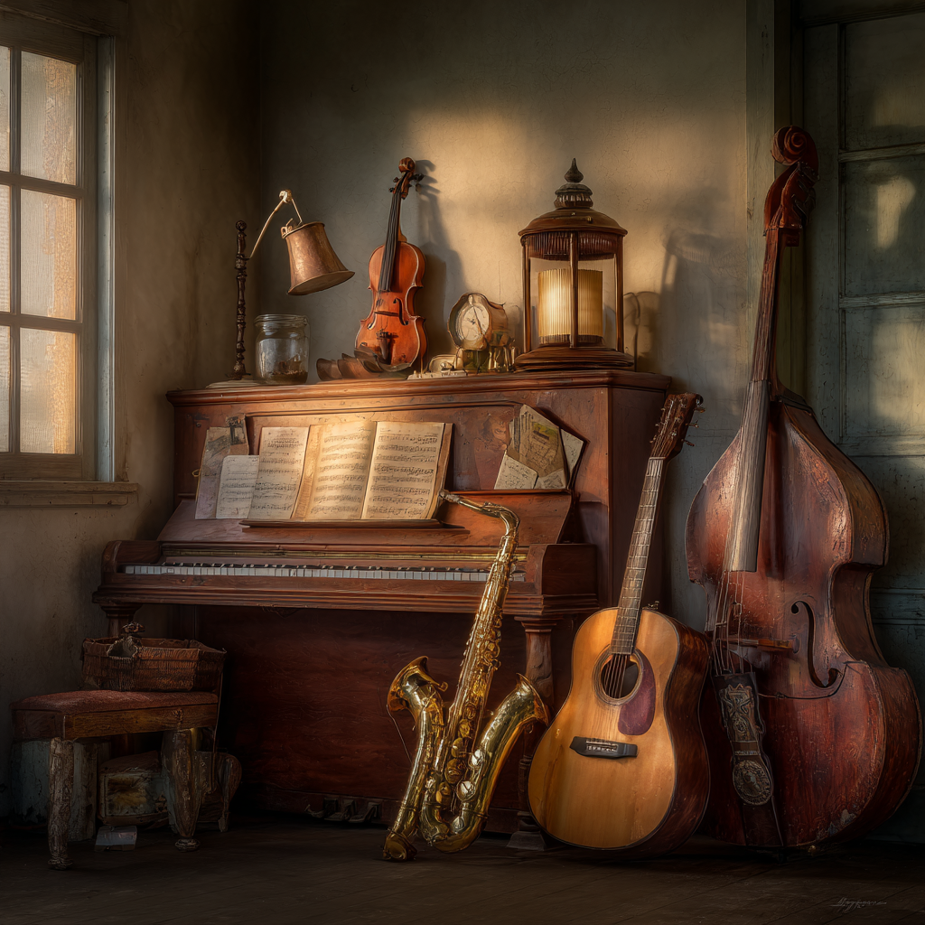 Nostalgischer Innenraum Mit Piano Und Musikinstrumenten | Musik und Instrumente | Themen und Hobbys