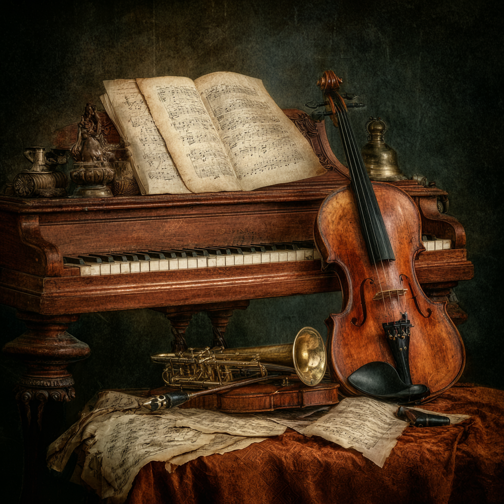 Nostalgisches Musik Stillleben Mit Piano Und Instrumenten | Musik und Instrumente | Themen und Hobbys