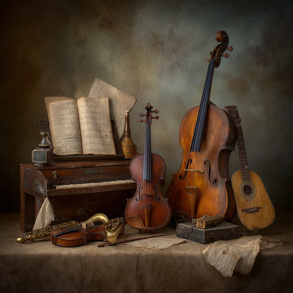 Stillleben Musikinstrumente Blattmusik Dekorative Objekte | Musik und Instrumente | Themen und Hobbys