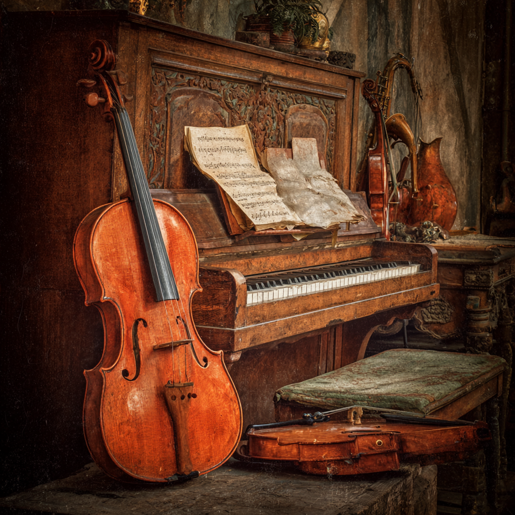 Vintage Musikalische Umgebung Rustikales Piano Geige Notenblatt | Musik und Instrumente | Themen und Hobbys