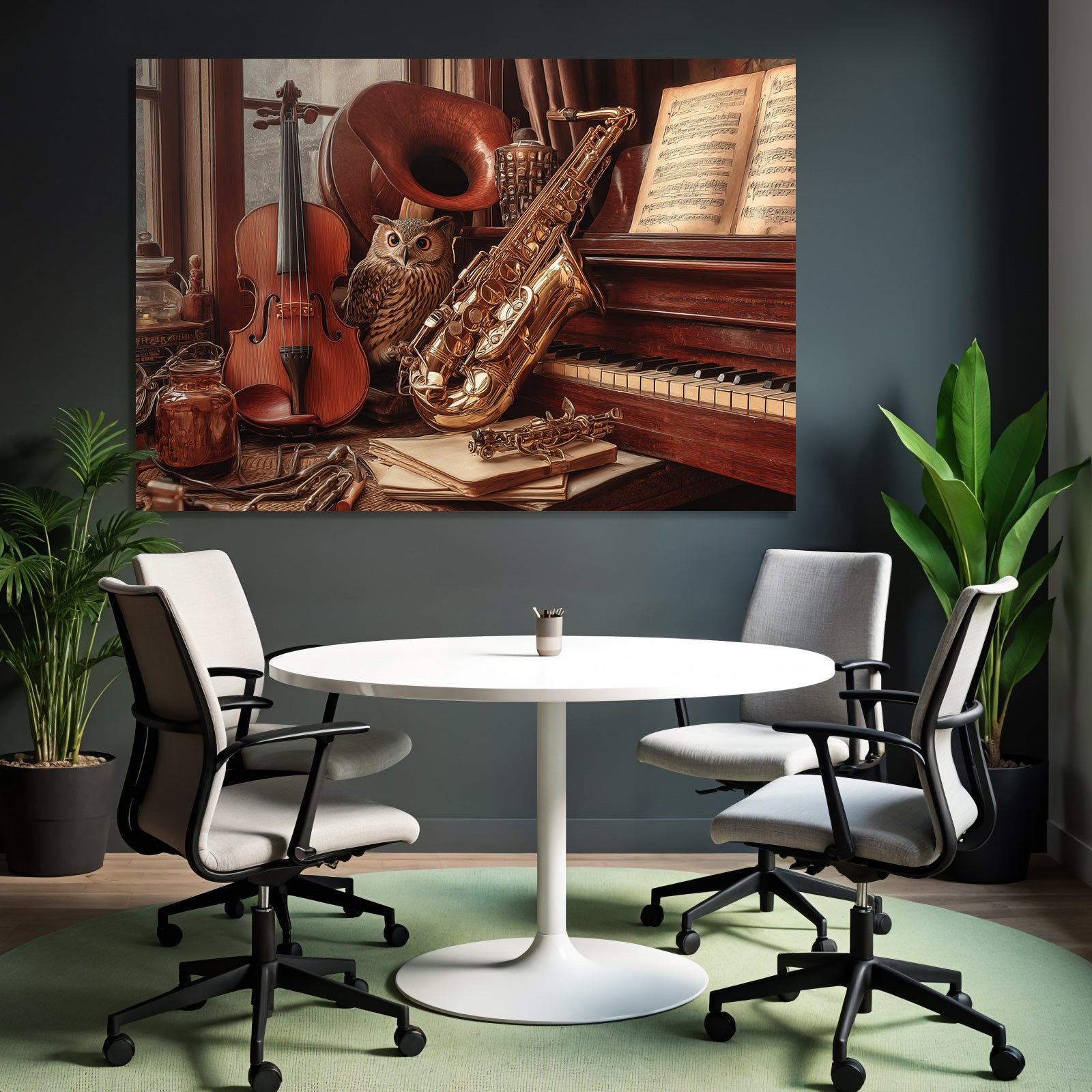 Cozy Artistische Szene Mit Instrumenten Und Einem Eule