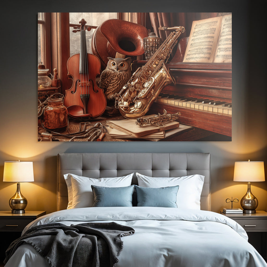 Cozy Artistische Szene Mit Instrumenten Und Einem Eule