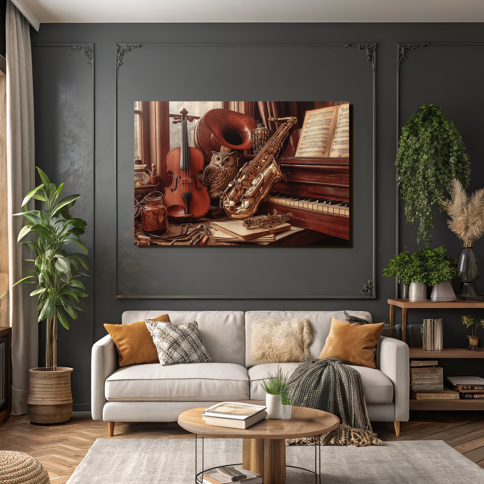 Cozy Artistische Szene Mit Instrumenten Und Einem Eule