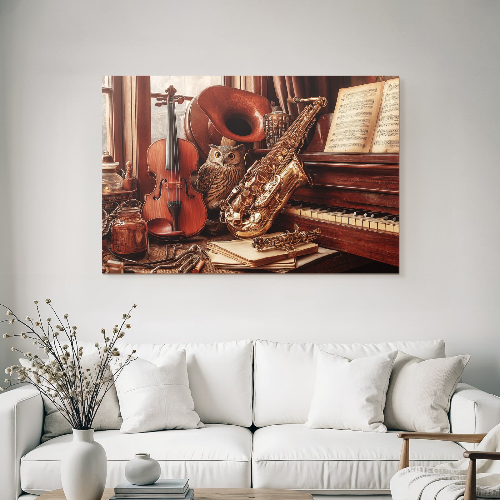 Cozy Artistische Szene Mit Instrumenten Und Einem Eule