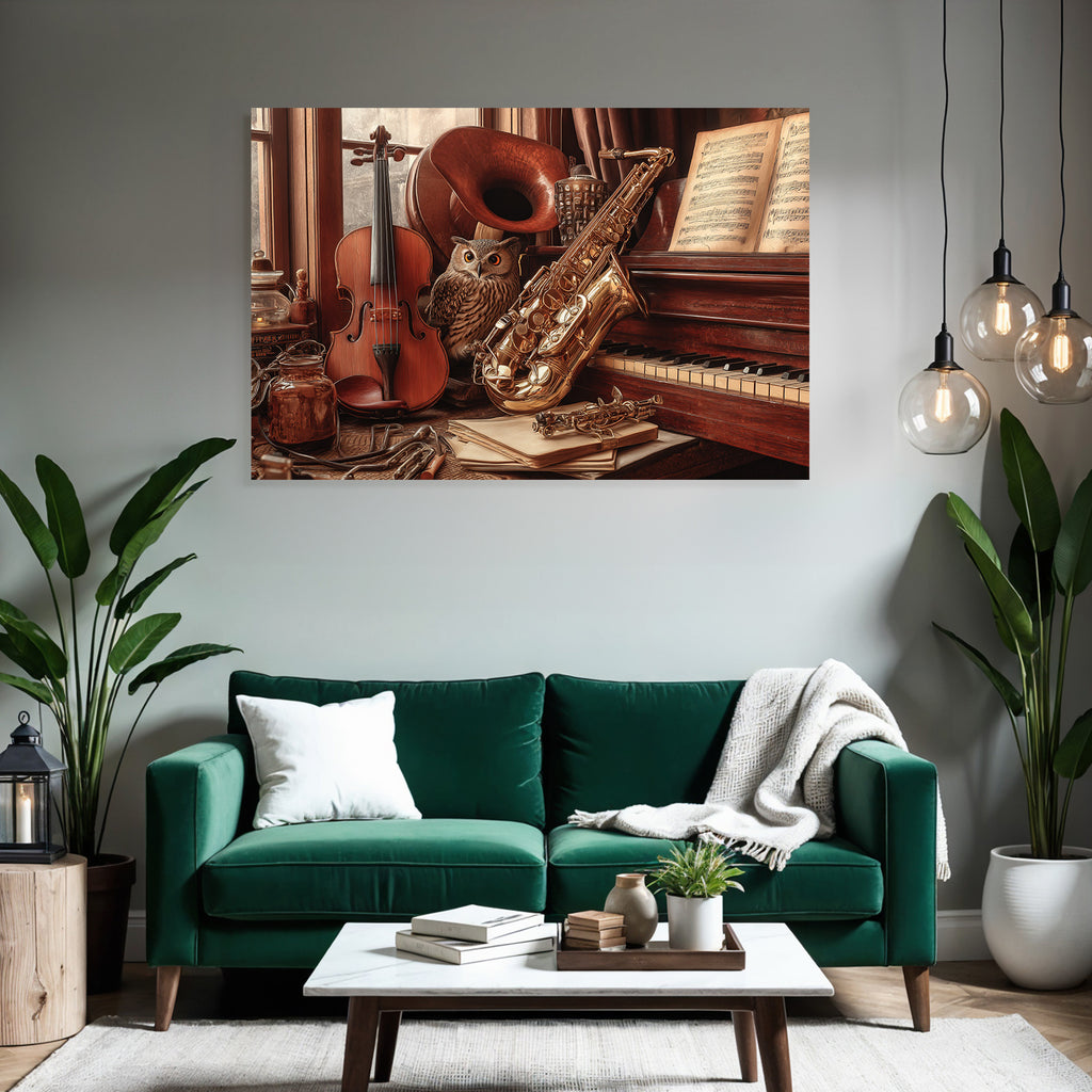 Cozy Artistische Szene Mit Instrumenten Und Einem Eule