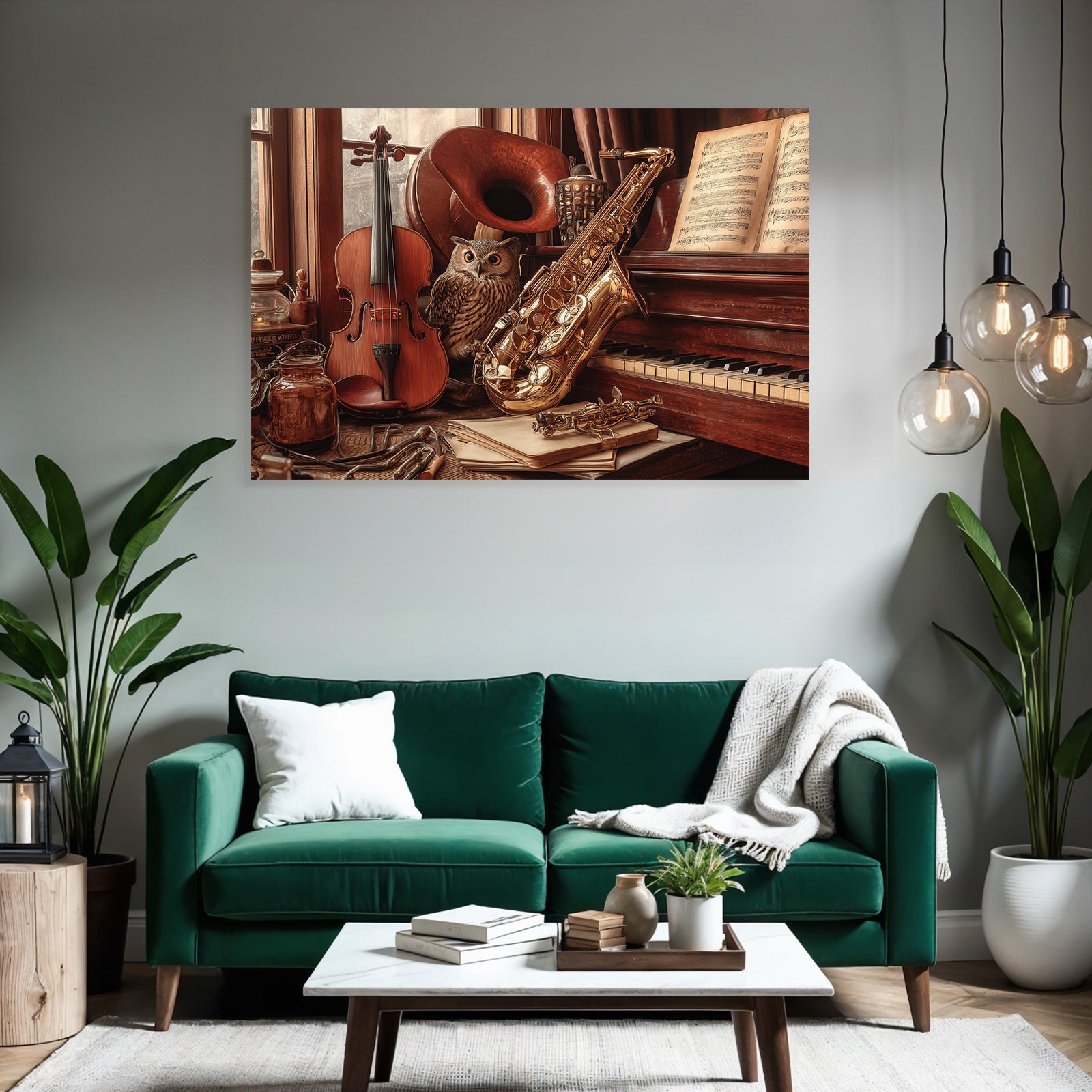 Cozy Artistische Szene Mit Instrumenten Und Einem Eule