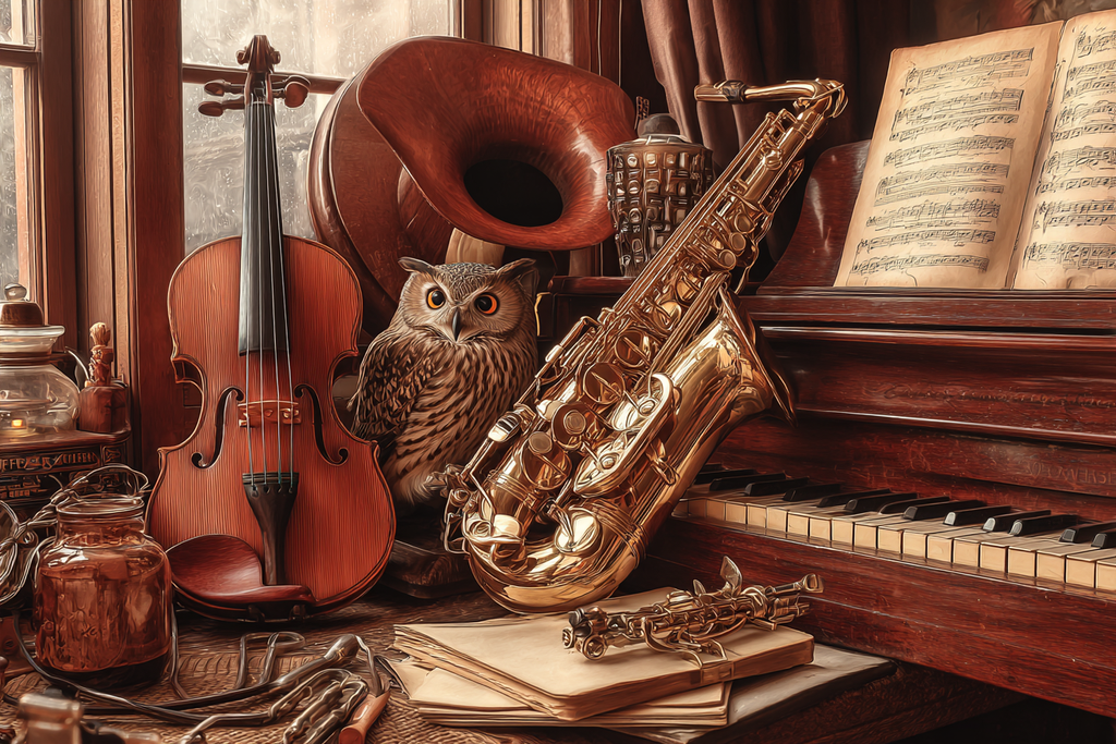 Cozy Artistische Szene Mit Instrumenten Und Einem Eule | Musik und Instrumente | Themen und Hobbys
