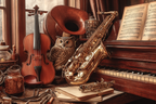 Cozy Artistische Szene Mit Instrumenten Und Einem Eule | Musik und Instrumente | Themen und Hobbys