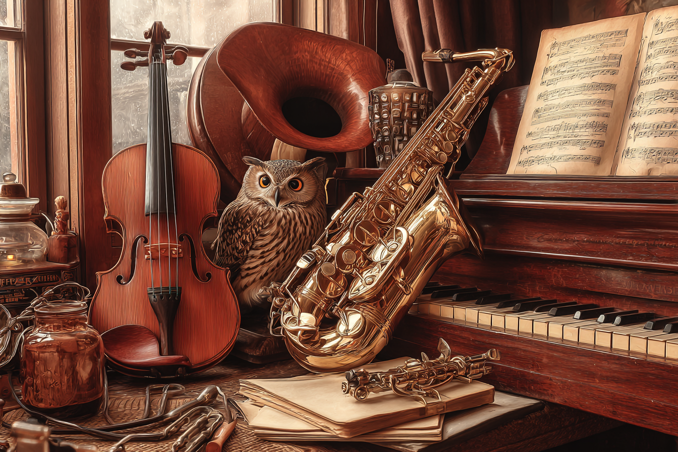 Cozy Artistische Szene Mit Instrumenten Und Einem Eule | Musik und Instrumente | Themen und Hobbys