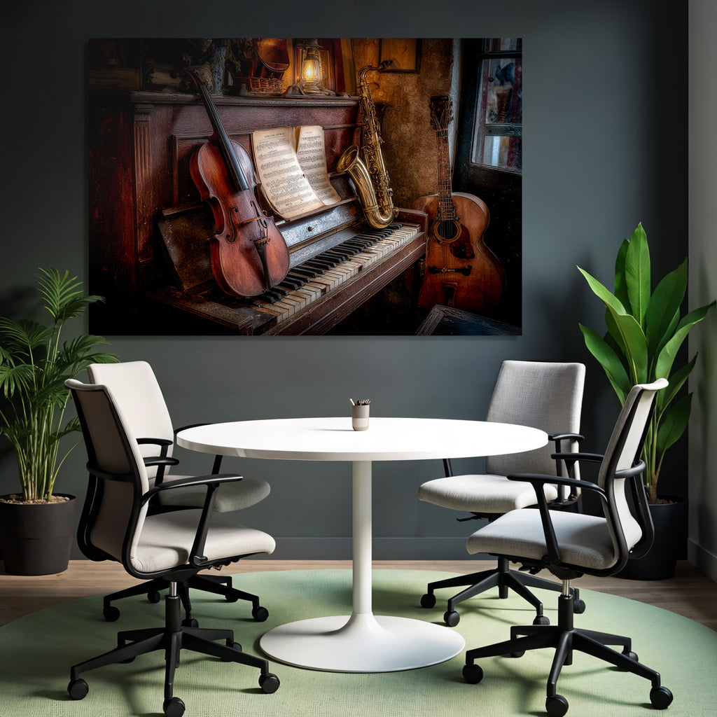 Gemütliche Vintage Musikszene Mit Piano Und Instrumenten