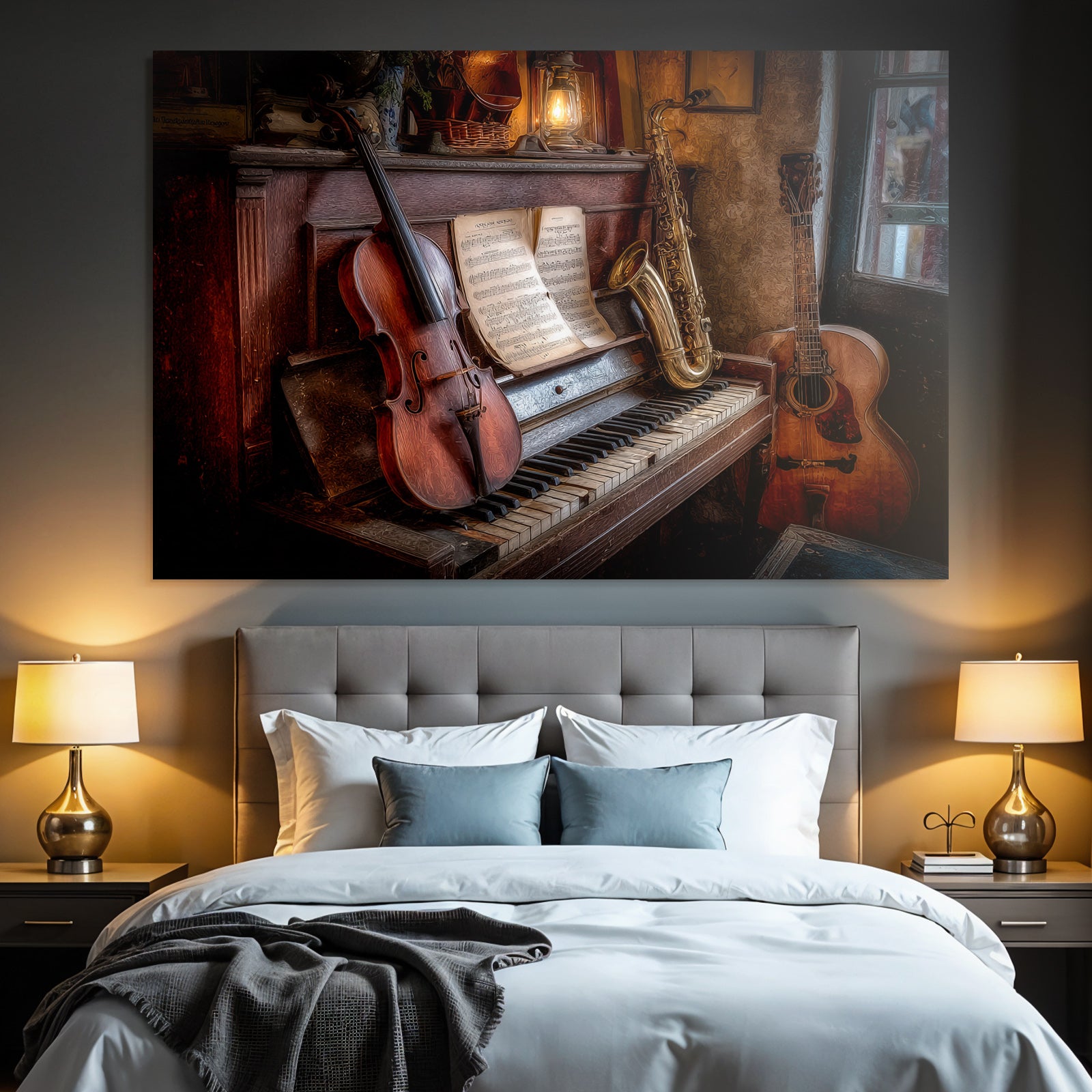 Gemütliche Vintage Musikszene Mit Piano Und Instrumenten