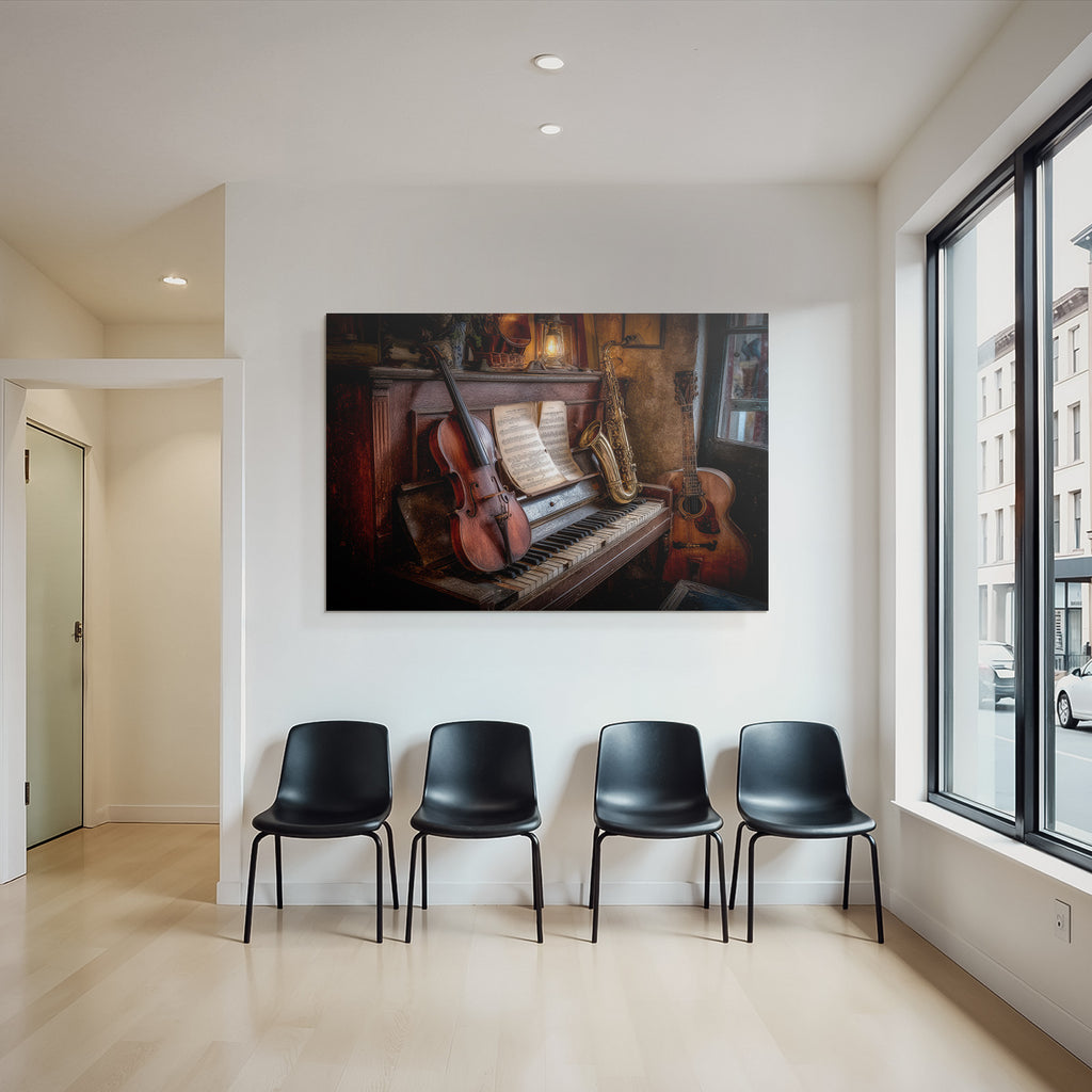Gemütliche Vintage Musikszene Mit Piano Und Instrumenten