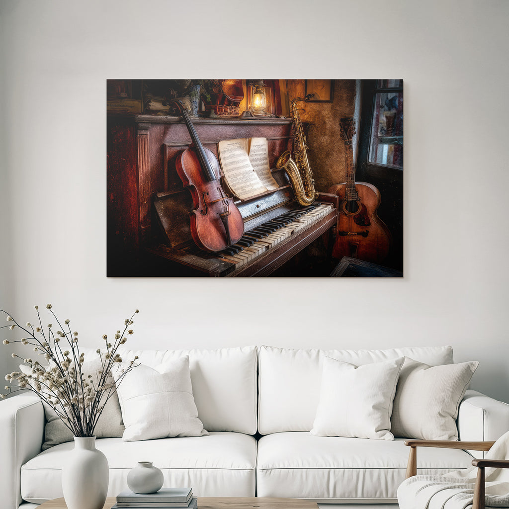 Gemütliche Vintage Musikszene Mit Piano Und Instrumenten