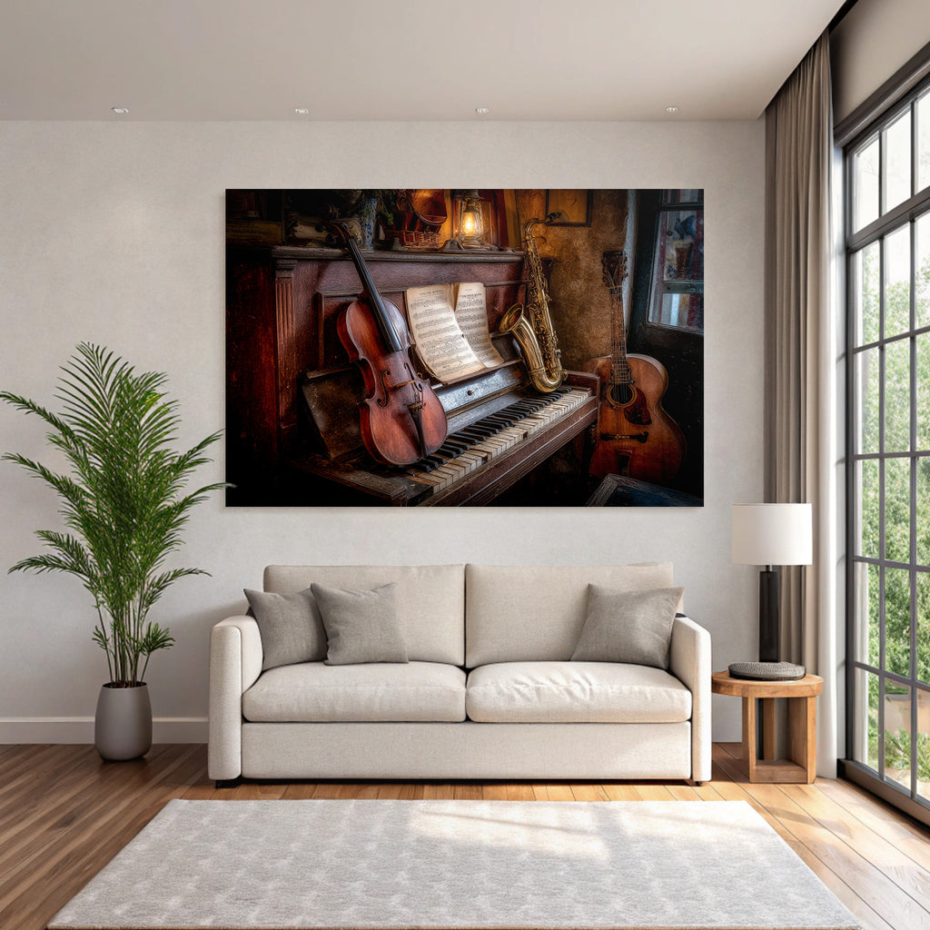 Gemütliche Vintage Musikszene Mit Piano Und Instrumenten