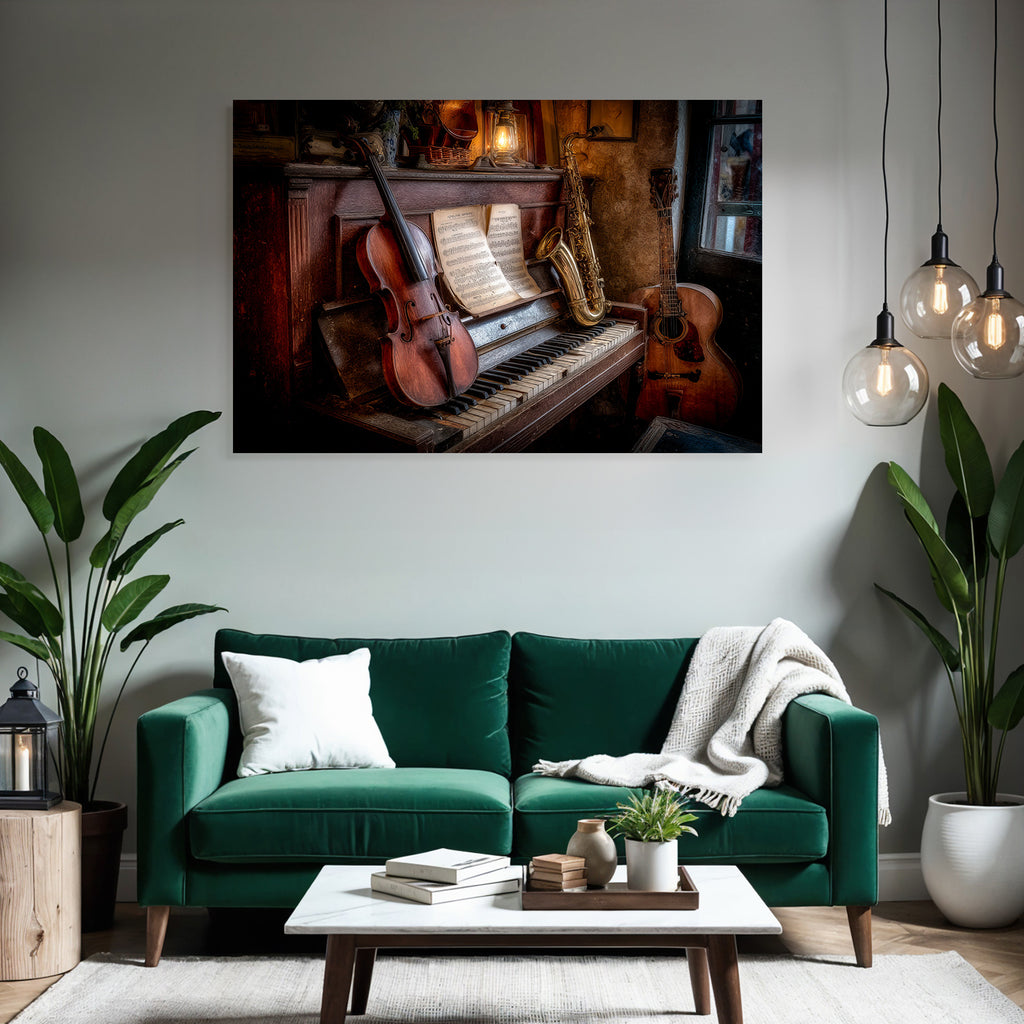 Gemütliche Vintage Musikszene Mit Piano Und Instrumenten