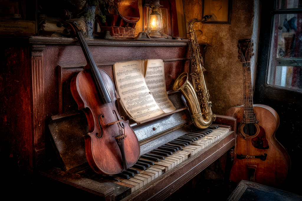 Gemütliche Vintage Musikszene Mit Piano Und Instrumenten | Musik und Instrumente | Themen und Hobbys