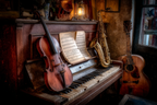Gemütliche Vintage Musikszene Mit Piano Und Instrumenten | Musik und Instrumente | Themen und Hobbys