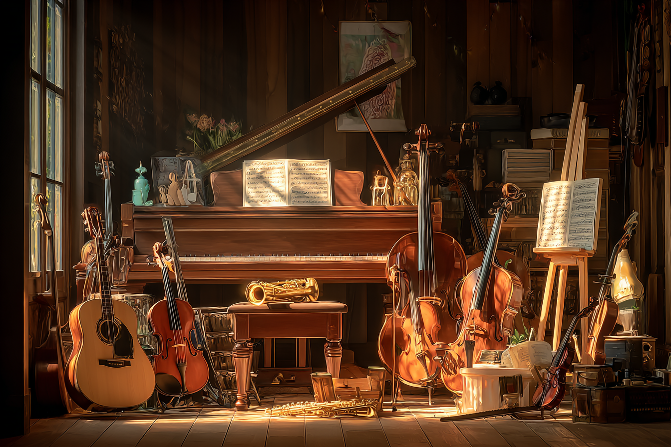 Gemütliches Musikzimmer Mit Instrumenten Und Noten | Musik und Instrumente | Themen und Hobbys