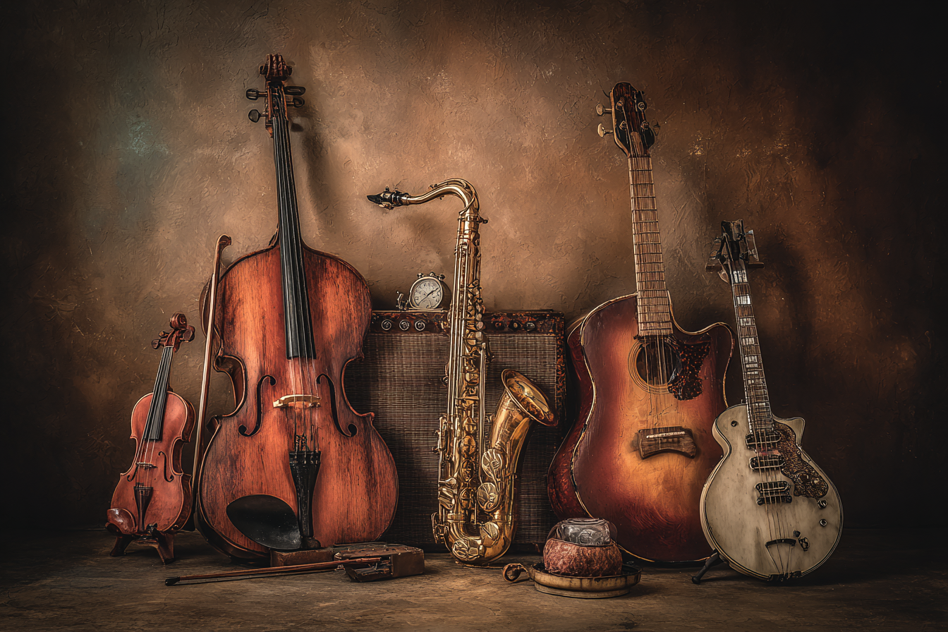 Musikalische Instrumente Arrangement Rustikal | Musik und Instrumente | Themen und Hobbys