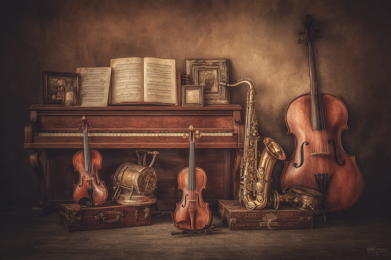 Musikalische Instrumente Rund Um Ein Klavier Mit Notenblattern | Musik und Instrumente | Themen und Hobbys