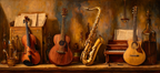 Musikalische Instrumente Stillleben Auf Regal | Musik und Instrumente | Themen und Hobbys