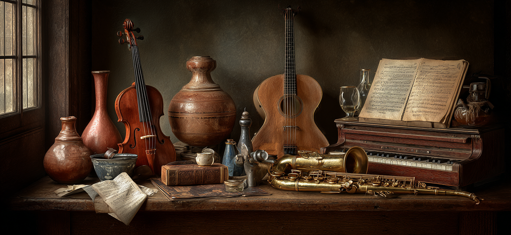 Musikinstrumente Auf Holztisch Kreatives Studio | Musik und Instrumente | Themen und Hobbys