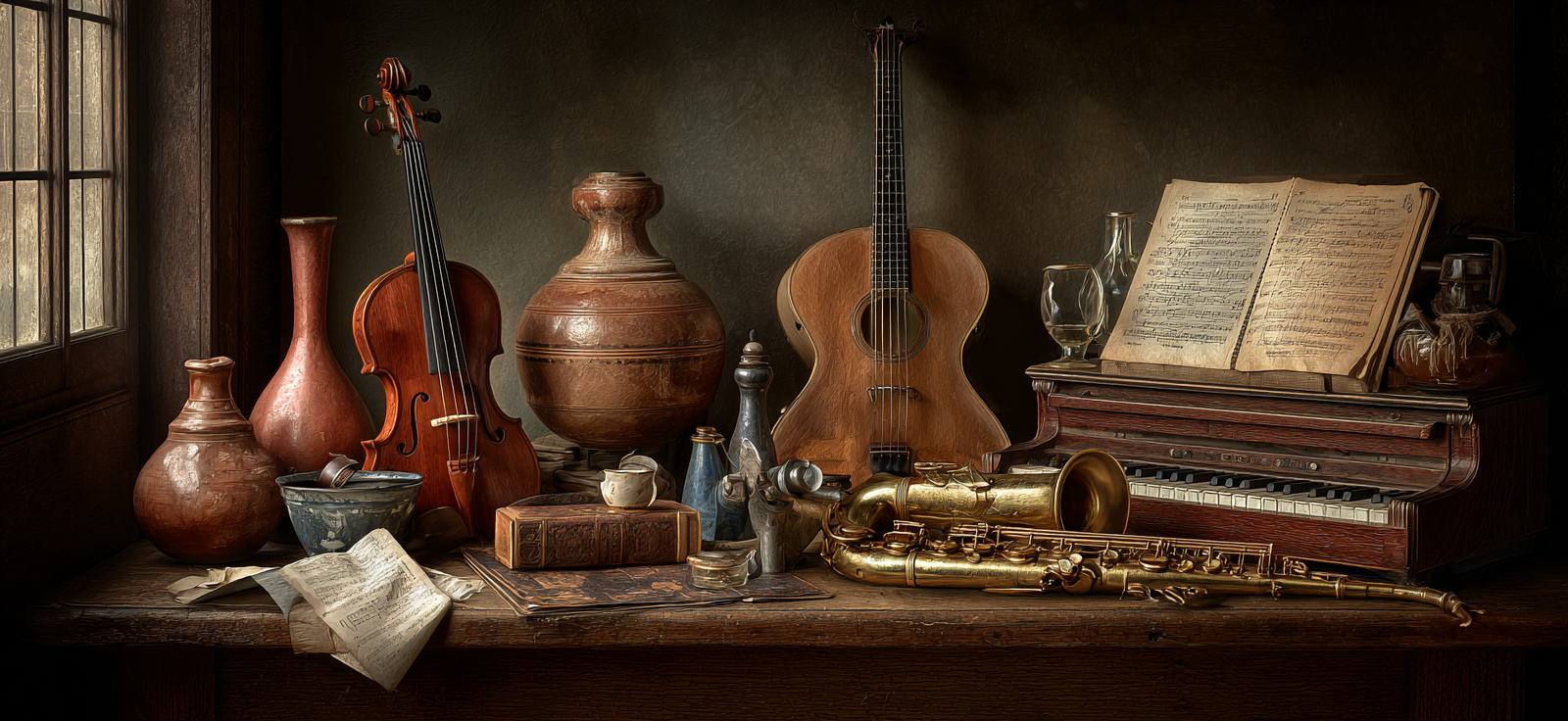 Musikinstrumente Auf Holztisch Kreatives Studio | Musik und Instrumente | Themen und Hobbys