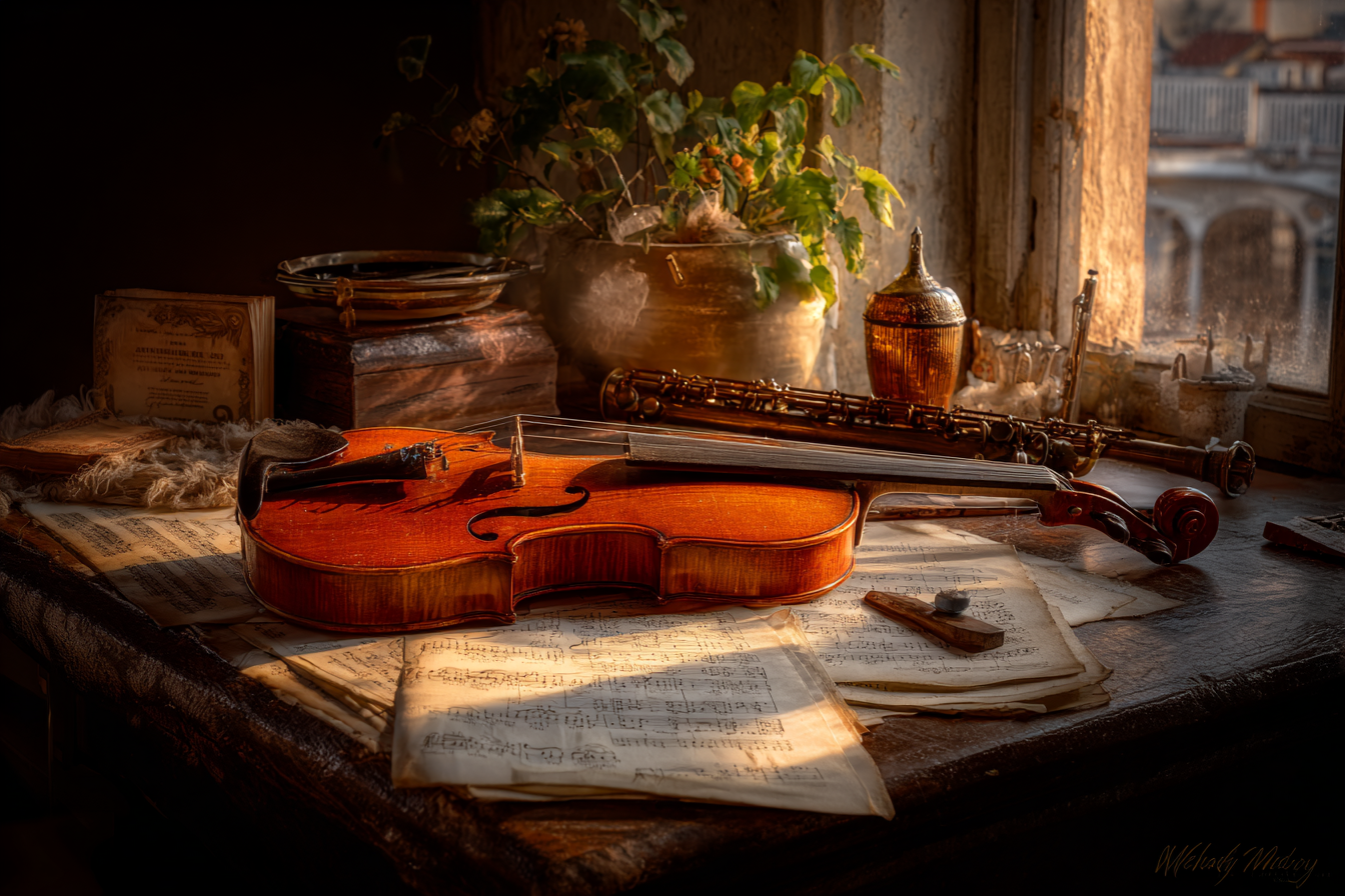 Stillleben Geige Auf Tisch Mit Noten Büchern Und Dekorativen Elemten | Musik und Instrumente | Themen und Hobbys