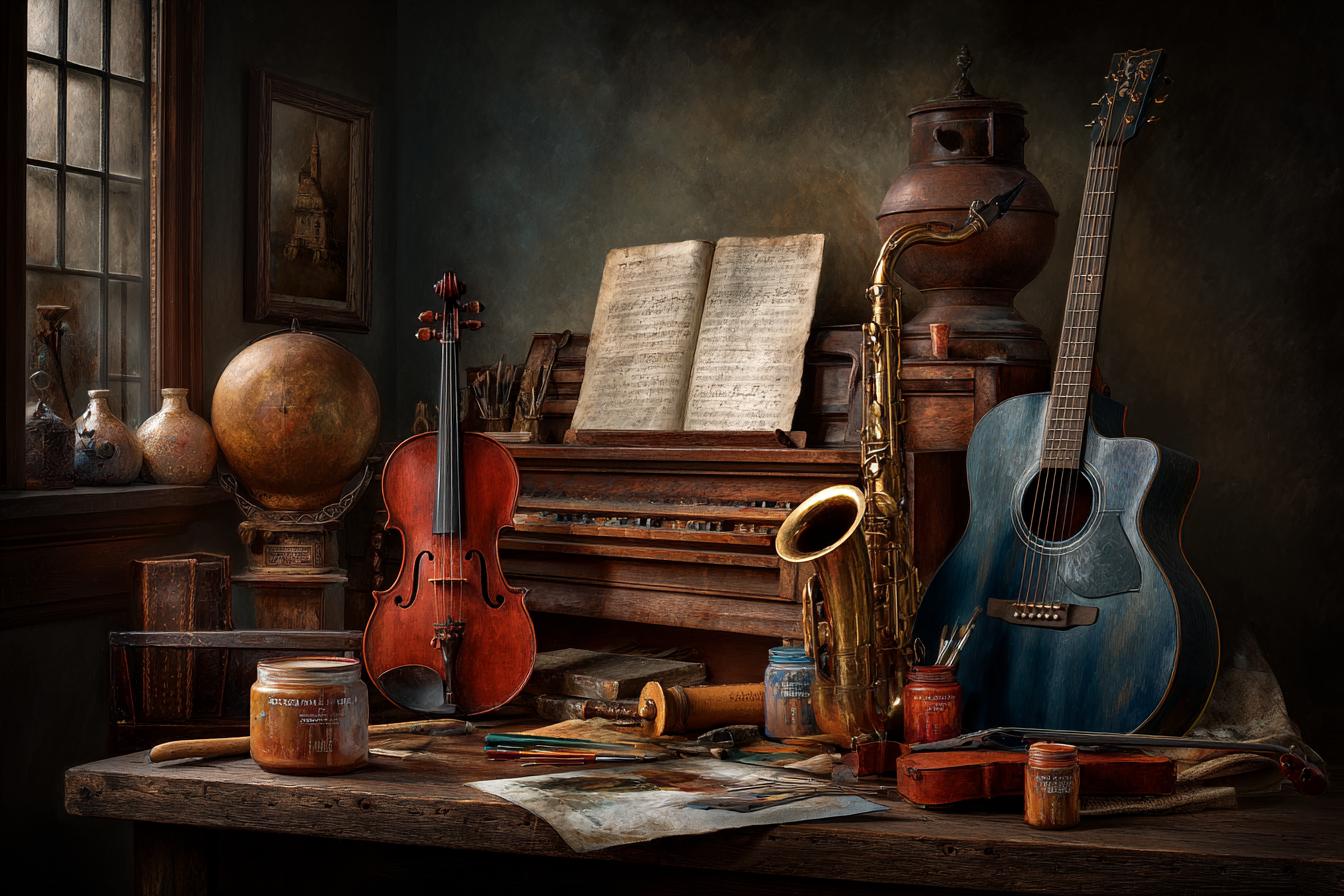 Stillleben Musikinstrumente Kunstbedarf Workspace | Musik und Instrumente | Themen und Hobbys