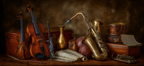 Stillleben Musikinstrumente Mit Vase Box Trommeln Noten Basketball | Musik und Instrumente | Themen und Hobbys