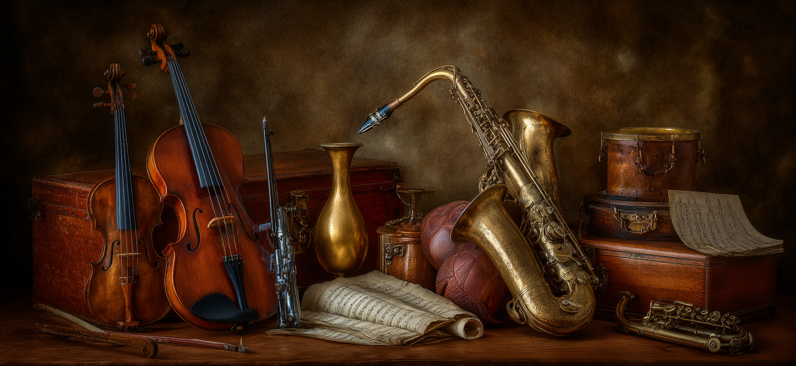 Stillleben Musikinstrumente Mit Vase Box Trommeln Noten Basketball | Musik und Instrumente | Themen und Hobbys