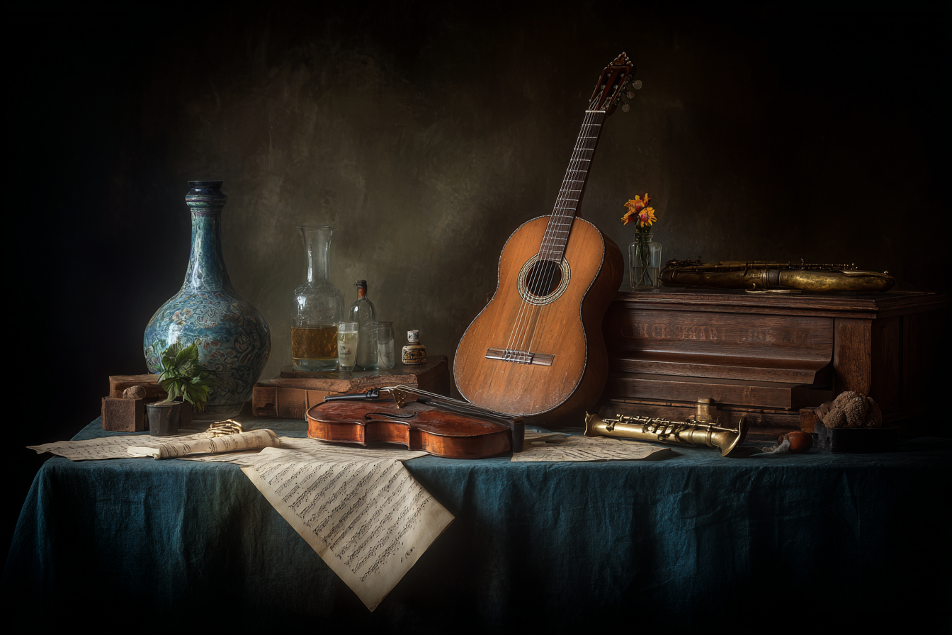 Stillleben Musikinstrumente Und Flacons | Musik und Instrumente | Themen und Hobbys
