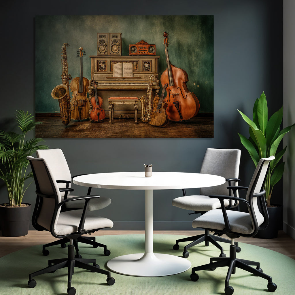 Vintage Piano Mit Musikinstrumenten Saxophon Geige Gitarre Double Bass Speaker System