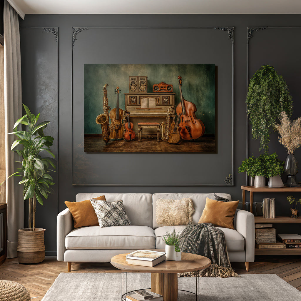 Vintage Piano Mit Musikinstrumenten Saxophon Geige Gitarre Double Bass Speaker System