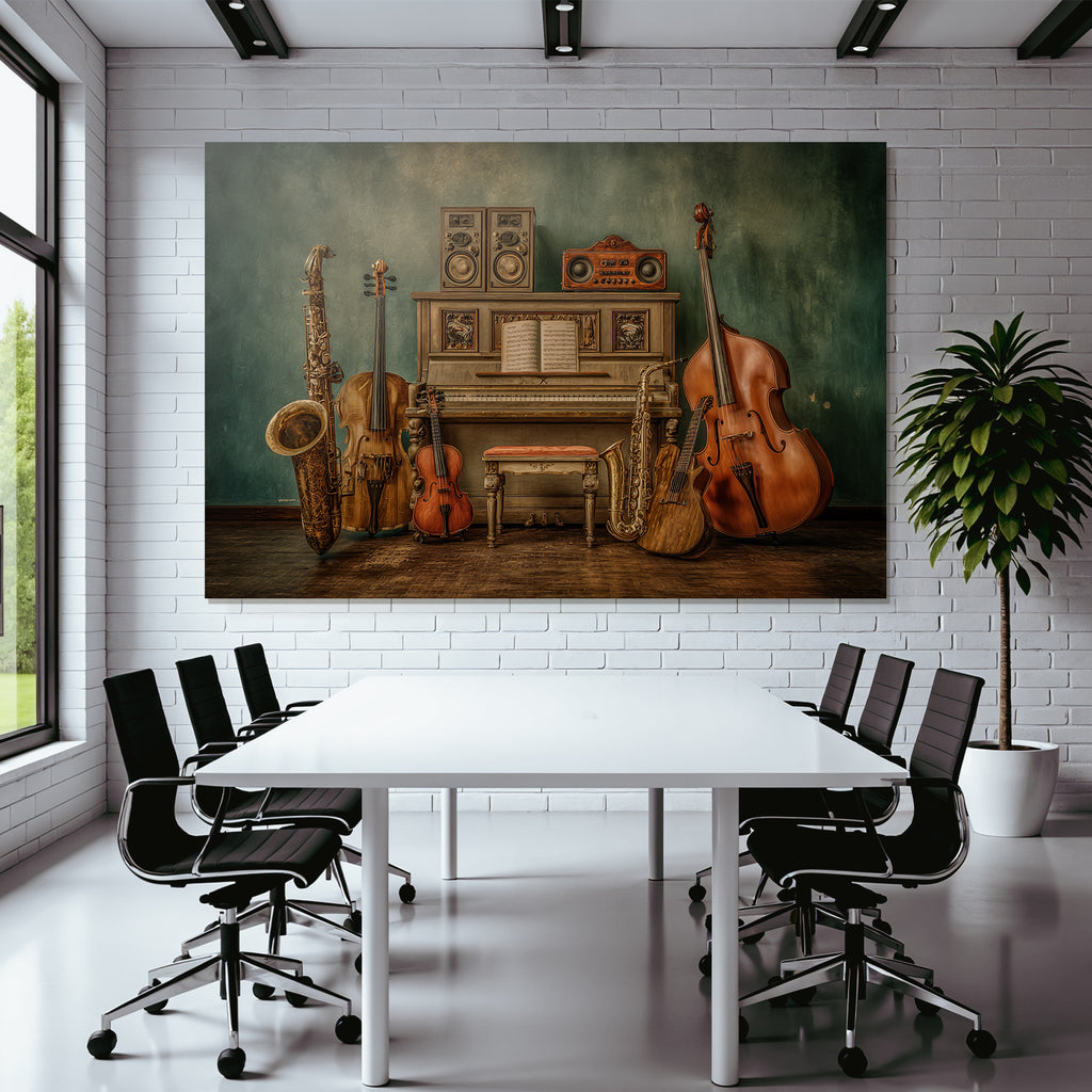 Vintage Piano Mit Musikinstrumenten Saxophon Geige Gitarre Double Bass Speaker System