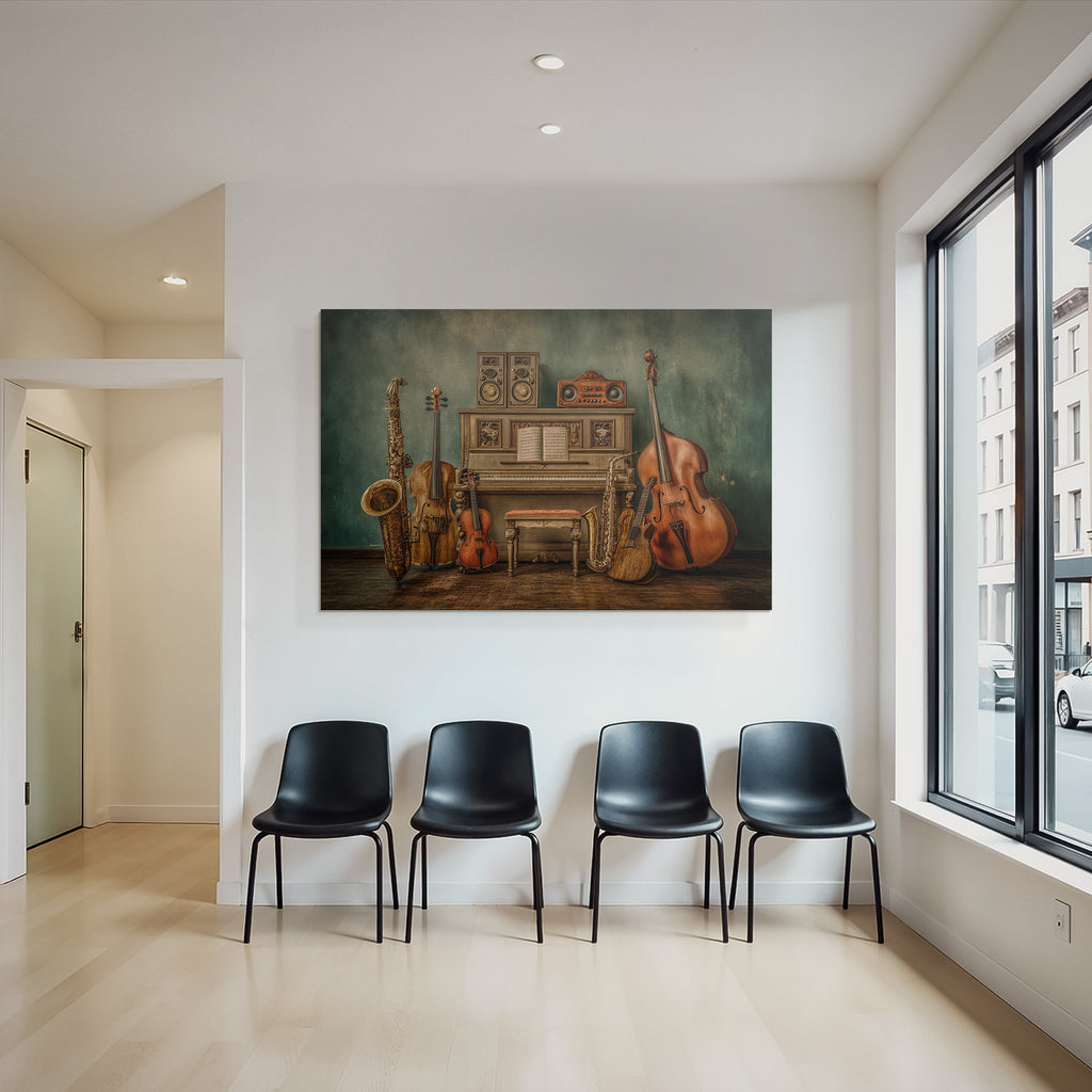 Vintage Piano Mit Musikinstrumenten Saxophon Geige Gitarre Double Bass Speaker System