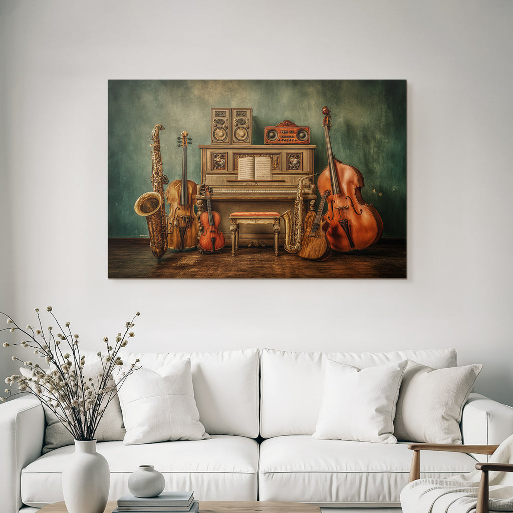 Vintage Piano Mit Musikinstrumenten Saxophon Geige Gitarre Double Bass Speaker System